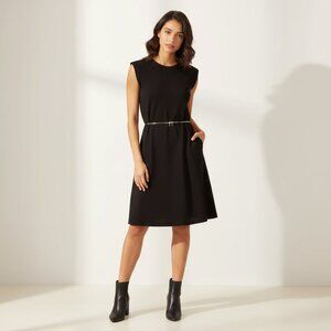 Sandro Paris Fit And Flare Gold Tone Waist Chiffon Black  Dress